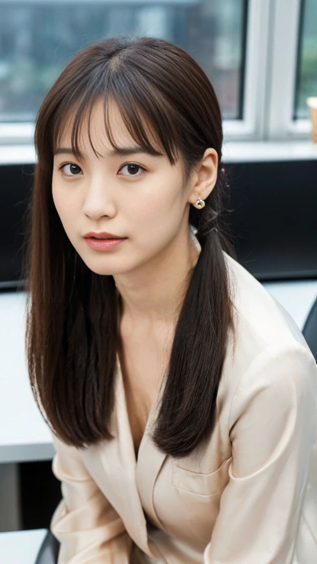 (top-quality, 16K, ​masterpiece:1.3), (ultra detailed), (masterpiece), (best quality), Highest quality, Realistic, Surreal, Highest quality, Extremely detailed CG, Very delicate, 16K wallpaper, High resolution, BREAK ((Silky hair)), ((medium Hair:1.5)), ((high ponytail:1.5)), (hime style:1.2), (hime cut:1.2), ((asymmetrical bangs)), (a woman in a management position at a prestigious company), ((solo)), ((8 heads tall)), ((38歳)), BREAK ((upper body:1.4)), ((look into the viewer's eyes:1.5)), ((looking at viewer:1.5)), ((Front view:1.5)), ((from front:1.5)), BREAK ((mole, beauty mark:1.3)), short arms, ((small eyes)), fleeting atmosphere, ((thin eyebrows:1.4)), ((thin lips:1.5)), (embarrassed, blush), ((orgasm:1.4)), ((ecstasy:1.5)), (slut:1.2), (fucked silly:1.2), BREAK (very beautiful woman), ((UNTITLED business suit:1.5)), ((Very simple necklace)), ((earrings)), ((With a large window Japanese office)), ((Working at desk:1.4)), Japanese, slender body, very detailed, detailed fingers, detailed hands, detailed eyes, detailed legs, accurate and perfect human anatomy, real human skin,
