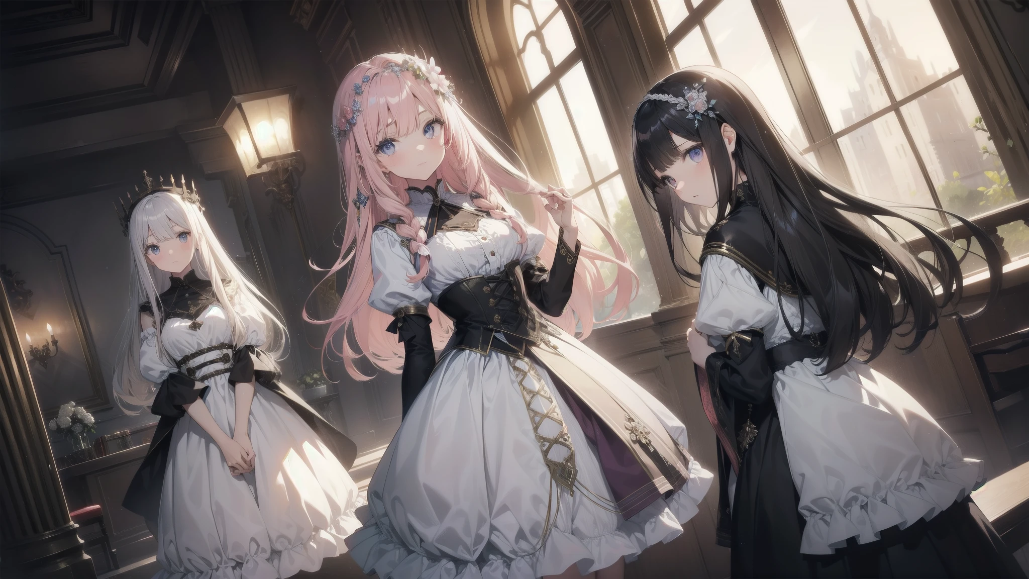 Masterpiece Top Quality
Three Girls Adorned in Delicate Dresses, their Faces Reflecting Fear and Anxiety, Akin to the Squid Game Characters
1. With Straight Long Hair, their Eyes Wide and Full of Trepidation, Pale as the Moon
2. A Young Adolescent, possibly , resembling Chiquita
3. A Matured Girl, perhaps , exuding an Alluring Gaze
The girls stand at the foot of a grand staircase, their eyes fixed on the Shiny Pink World above, a Dreamland, adorned with Ribbons