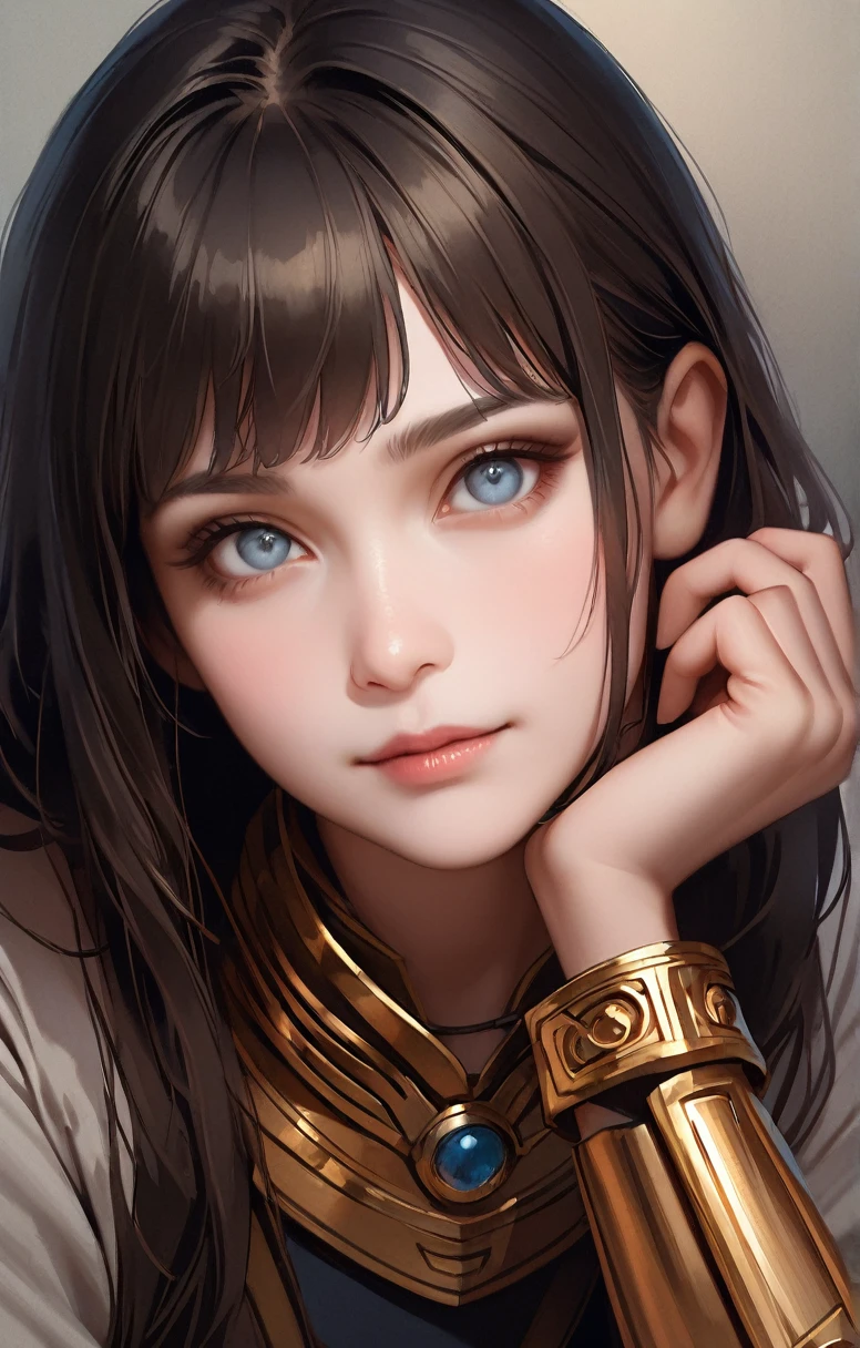 1girl， solo， long_hair， looking_at_viewer， bangs， blue_eyes， black_hair， jewelry， closed_mouth， artist_name， armor， lips， grey_eyes， head_rest， realistic， gold， hyur,