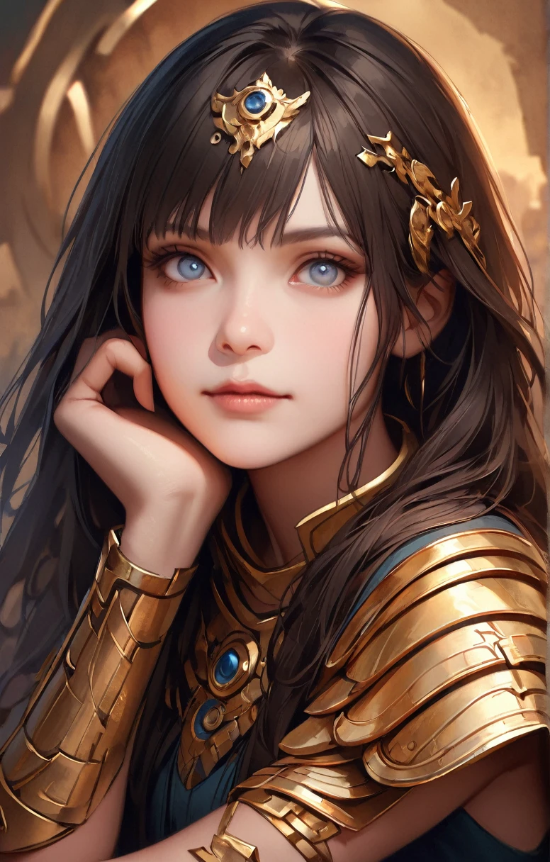 1girl， solo， long_hair， looking_at_viewer， bangs， blue_eyes， black_hair， jewelry， closed_mouth， artist_name， armor， lips， grey_eyes， head_rest， realistic， gold， hyur,