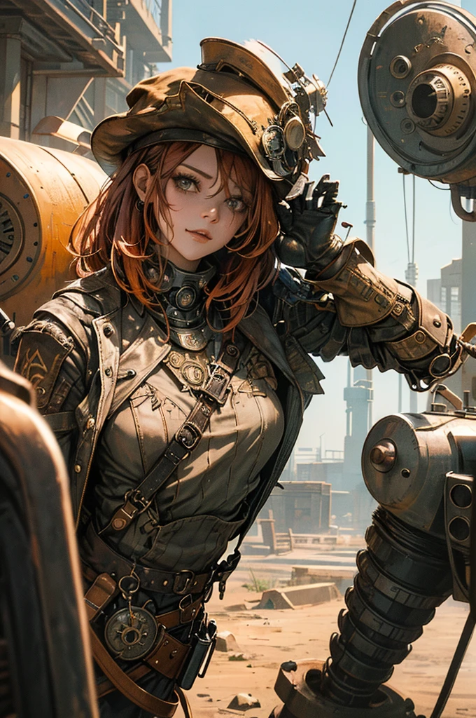 Steampunk girl, cyborg, rustic, oxidized copper, hat, missing jaw, robotic