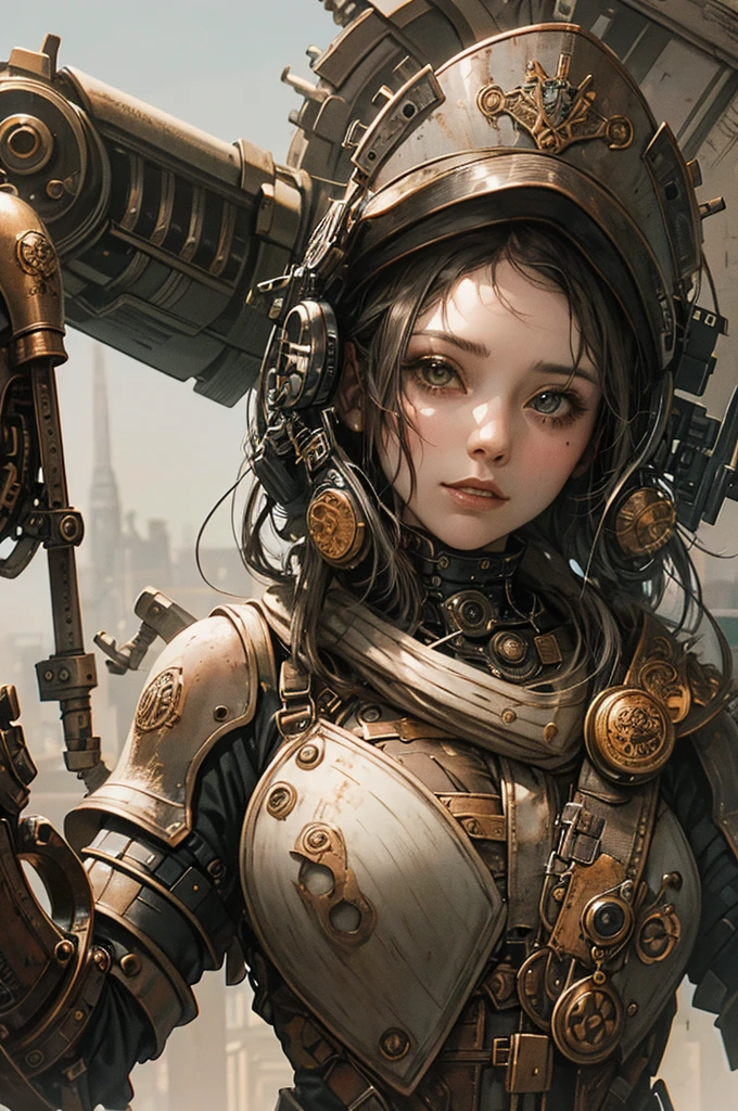 a girl in a steampunk military uniform, detailed face and features, beautiful detailed eyes, beautiful detailed lips, extremely detailed eyes and face, long eyelashes, steampunk metal armor, intricate mechanical details, surrounded by surreal bizarre creatures, fantastical organic and mechanical hybrid monsters, dark moody battlefield environment, gritty post-apocalyptic landscape, dramatic lighting, cinematic composition, highly detailed, 8k, photorealistic, masterpiece