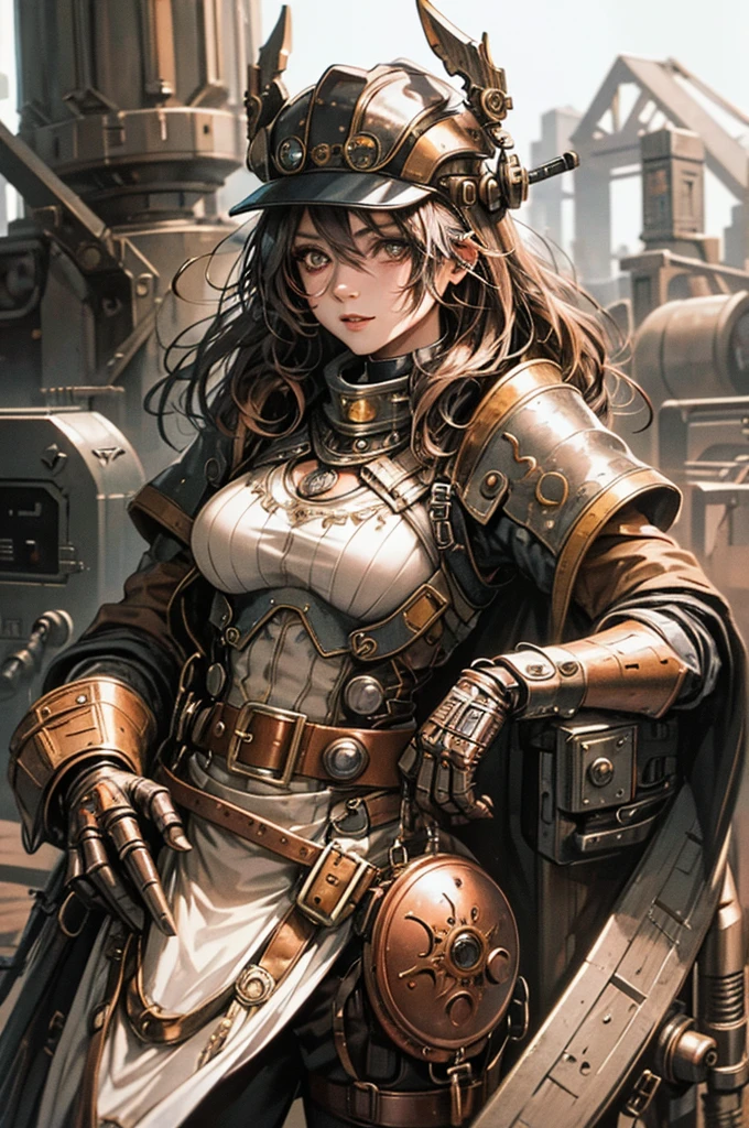 Steampunk girl, cyborg, rustic, oxidized copper, hat, missing jaw, robotic