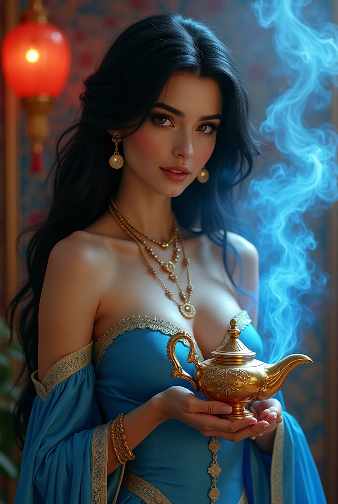 a gorgeous genie emerging from an oil lamp in a puff of smoke, beautiful detailed face and eyes, long eyelashes, ornate golden lamp, dramatic lighting, cinematic composition, highly detailed, intricate details, photorealistic, 8k, HDR, dramatic lighting, warm color palette, fantasy art, concept art, digital painting, chiaroscuro, harem pants, thin veil