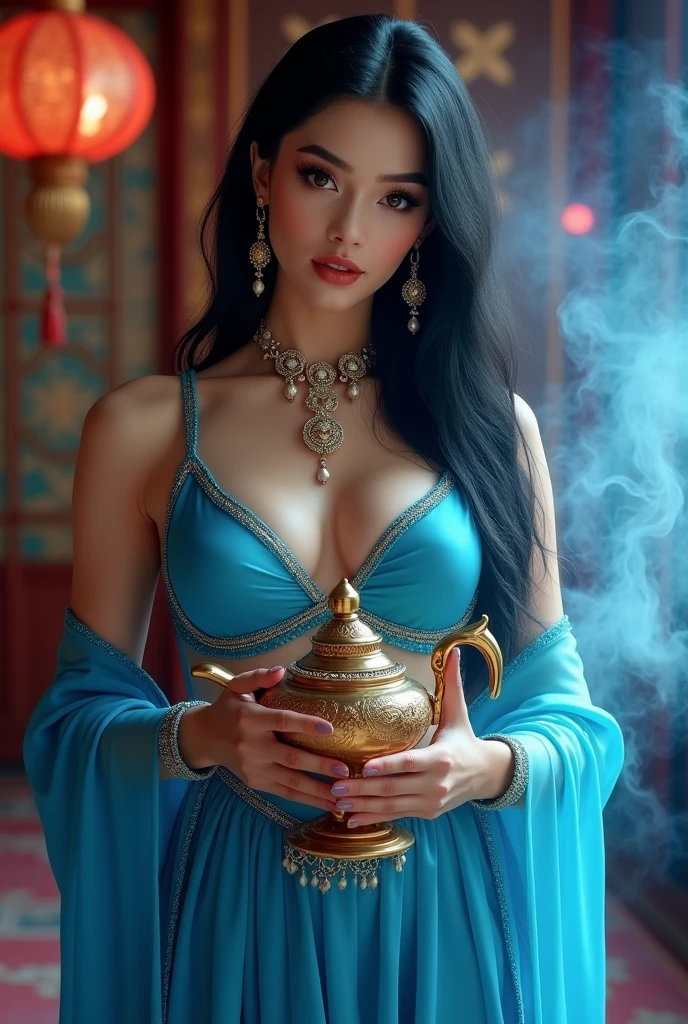 ultra realistic, photography, long black straight hair, elegant hair, (30 years old, hazel eyes, hourglass figure, perfect fit body, natural big breasts), femme fatale, blue Princess jasmine costume, oriental background, holding the magic lamp from aladdin, rubbing the magic lamp of aladdin, blue smoke is around her