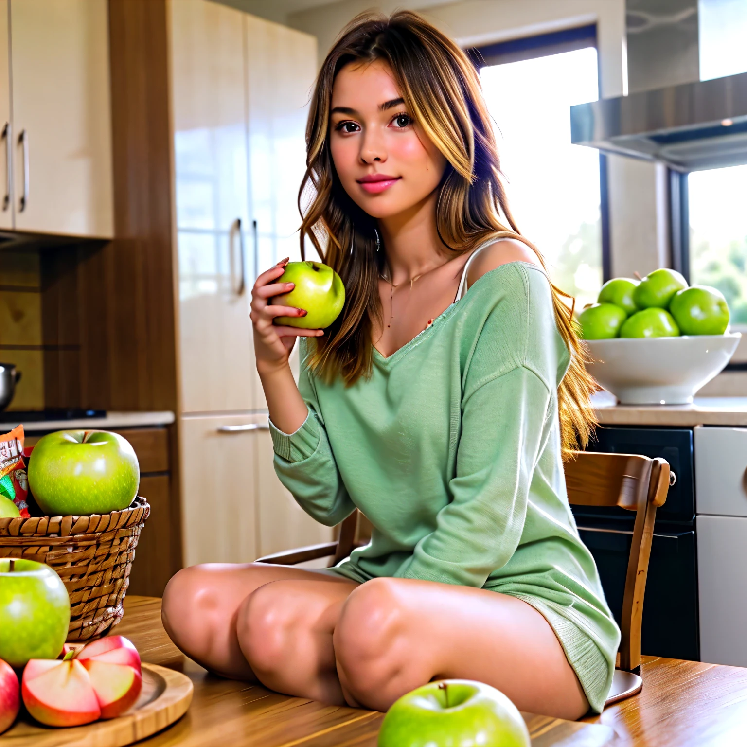 a young pretty girl, straight blond hair, sitting in the kitchen dining table. relaxing enjoy dining time. there is bright and clean kitchen.  girl wearing free and easy. The girl left hand holding green apple while right hand is pushing the junk food on the table away.  realistic image, HD 16:9
