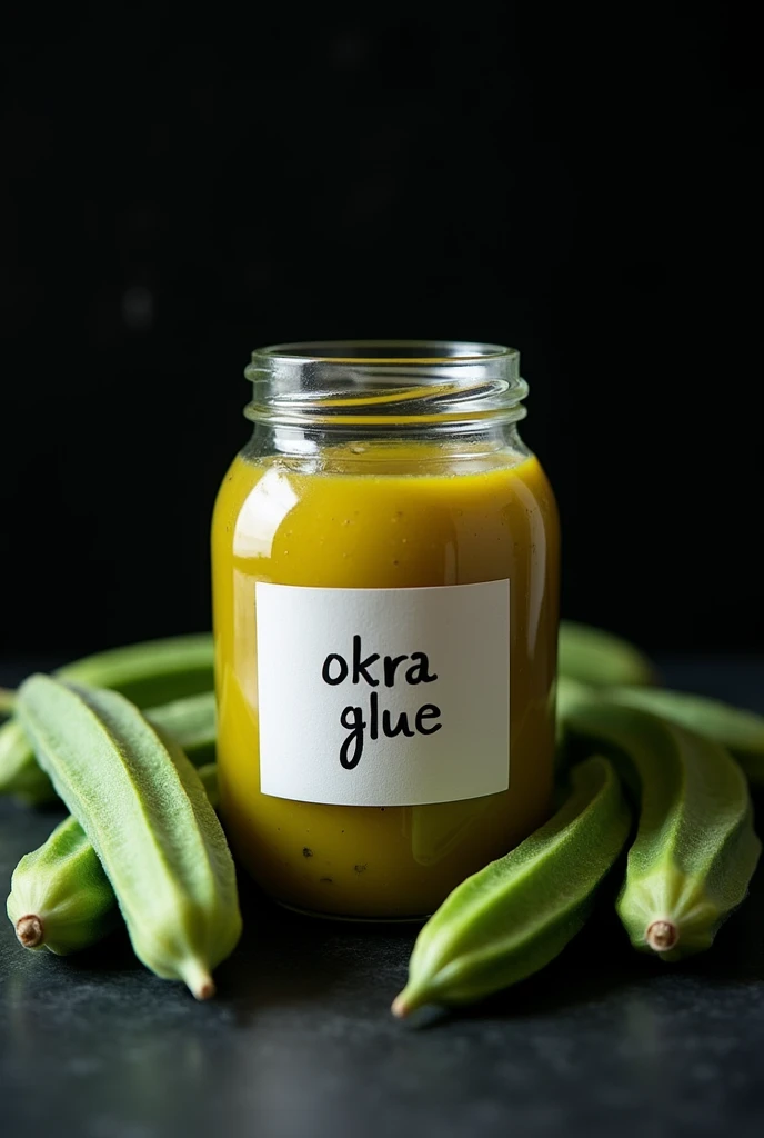 Create an image of Okra Glue in a glass jar with a tight fitting lid, and okra's on the side and a letter with white paper aesthetic in the middle that says okra GLUE and black background 