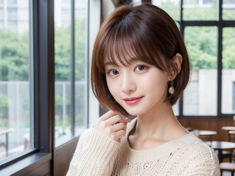 8k, masterpiece, RAW Photos, Highest quality, Realistic, extremely detailed CG unity 8k wallpaper, Cinematic Light, Lens flare, Ray Tracing, (Very beautiful face, Beautiful Lips, Beautiful Eyes, Big eyes), ((Highly detailed skin)) 1 person, Deep Shadow, Beautiful Japanese Woman, 1 person, (Very slim, Toned, muscular body:1.2),Serious expression, (morning, (Blurred Background), Pale Light),indoor, (No people in the background:1.3), Beautiful earrings, bracelet, necklace, Clear Eyes, iris, Inside the cafe,Drink coffee,Looking out the window, Full Body Shot,Knitted cardigans、Smile widely!