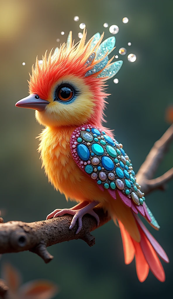 Forbes Diamond「Cute little bird on a tree」teeth、The protagonist is portrayed naturally and realistically.。, Highly detailed and photorealistic, Render the background, Photorealistic concept art, Hyperreal Rendering, Red realistic 3D rendering, Bird Society, Photorealistic images, Highly detailed and photorealistic, Ultra-realistic detailed rendering, Realistic detailed images, Highly detailed rendering, High quality rendering,((A cute little fictional bird with lots of colorful jewels on its body.))Cute fluorescent little bird,His whole body is covered in colored gems,The tail is also covered with jewels,Wear jewels,The feathers are colorful,Sparkling