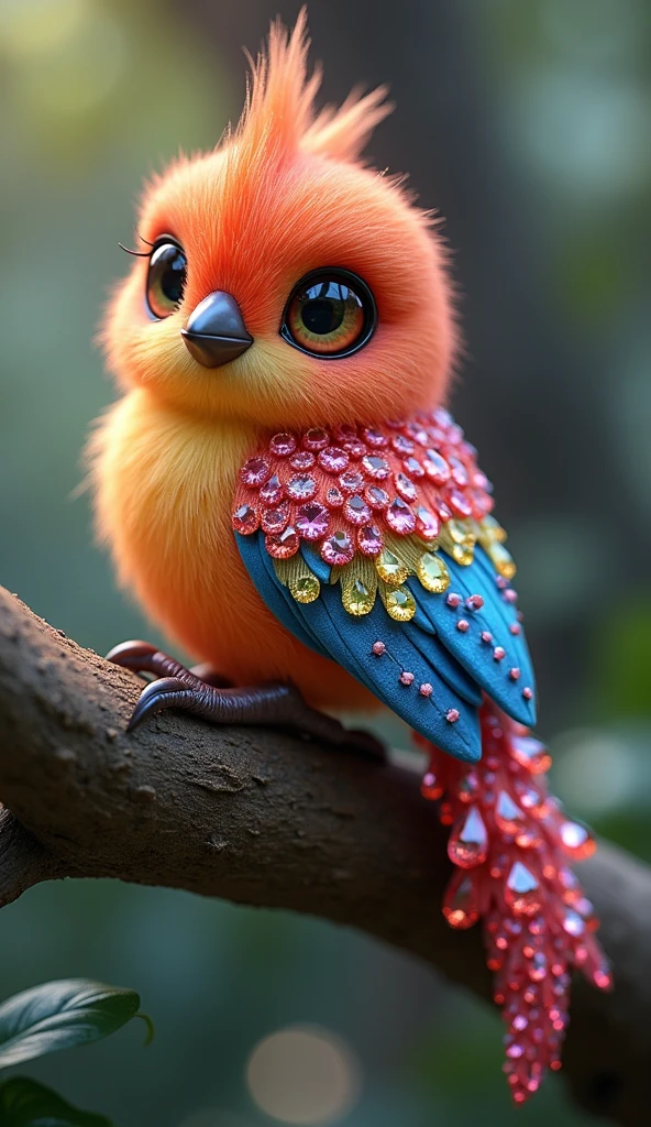 Forbes Diamond「Cute little bird on a tree」teeth、The protagonist is portrayed naturally and realistically.。, Highly detailed and photorealistic, Render the background, Photorealistic concept art, Hyperreal Rendering, Red realistic 3D rendering, Bird Society, Photorealistic images, Highly detailed and photorealistic, Ultra-realistic detailed rendering, Realistic detailed images, Highly detailed rendering, High quality rendering,((A cute little fictional bird with lots of colorful jewels on its body.))Cute fluorescent little bird,His whole body is covered in colored gems,The tail is also covered with jewels,Wear jewels,The feathers are colorful,Sparkling