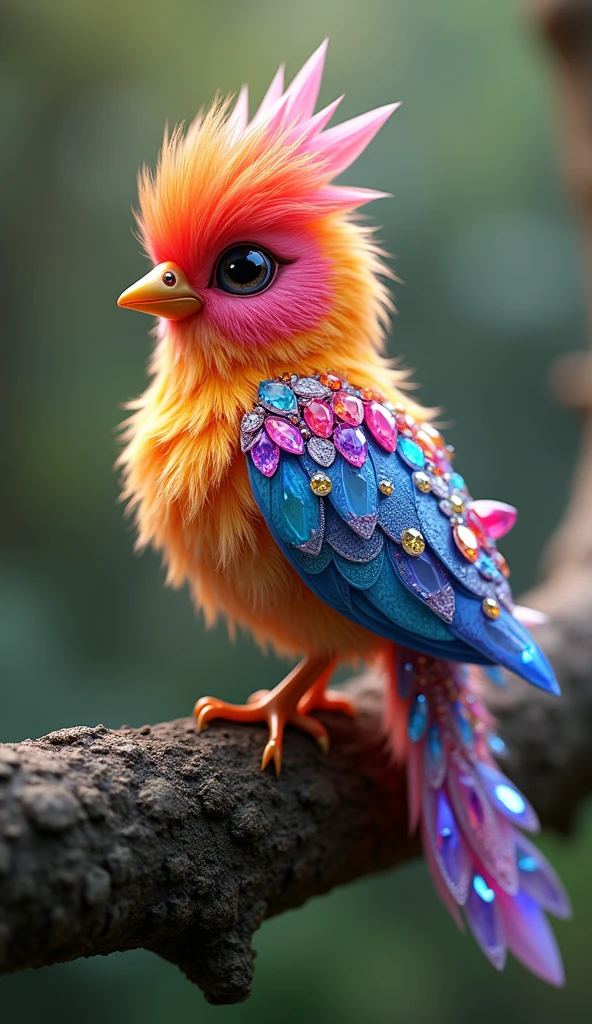 Forbes Diamond「Cute little bird on a tree」teeth、The protagonist is portrayed naturally and realistically.。, Highly detailed and photorealistic, Render the background, Photorealistic concept art, Hyperreal Rendering, Red realistic 3D rendering, Bird Society, Photorealistic images, Highly detailed and photorealistic, Ultra-realistic detailed rendering, Realistic detailed images, Highly detailed rendering, High quality rendering,((A cute little fictional bird with lots of colorful jewels on its body.))Cute fluorescent little bird,His whole body is covered in colored gems,The tail is also covered with jewels,Wear jewels,The feathers are colorful,Sparkling