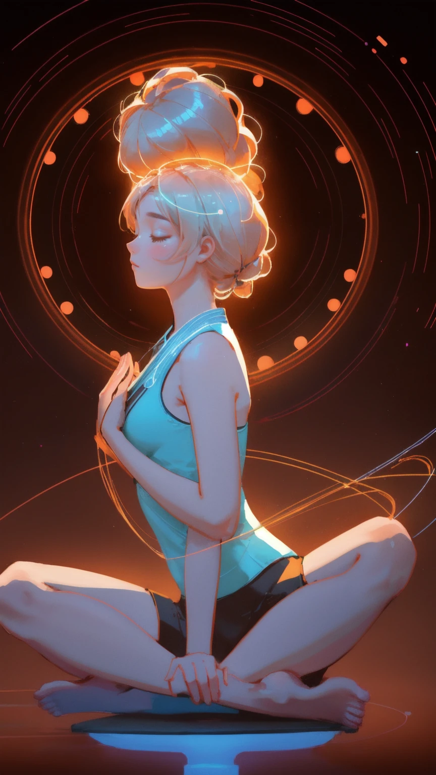 An illustration of a woman practicing yoga, her body encircled by glowing lines representing blockchain networks and DeFi yields. The brown background creates a calm and stable atmosphere, highlighting the connection between mindfulness and financial prosperity. Keywords: 'DeFi Yield Yoga,' harmony, digital wealth, balance, tranquility.