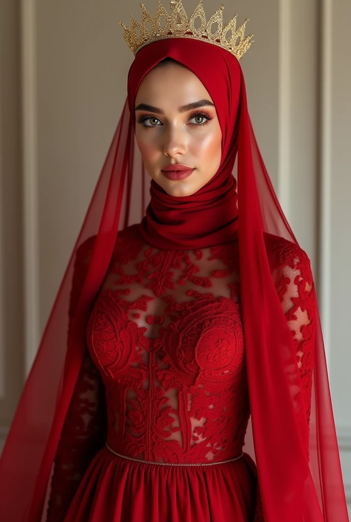 High quality masterpieces, a woman wearing a minimalist red lace hijab, a minimalist red lace wedding dress, a minimalist real gold crown, posing with a gorgeous expression, (best quality,4k,8k,highres,masterpiece:1.2),ultra-detailed,(realistic,photorealistic,photo-realistic:1.37),highly detailed face, beautiful detailed eyes, beautiful detailed lips, extremely detailed eyes and face, long eyelashes, intricate details, tight dress, large breasts, minimalist design, elegant, romantic, soft lighting,white balance color tones. Hijab covered breast. Long veil red.