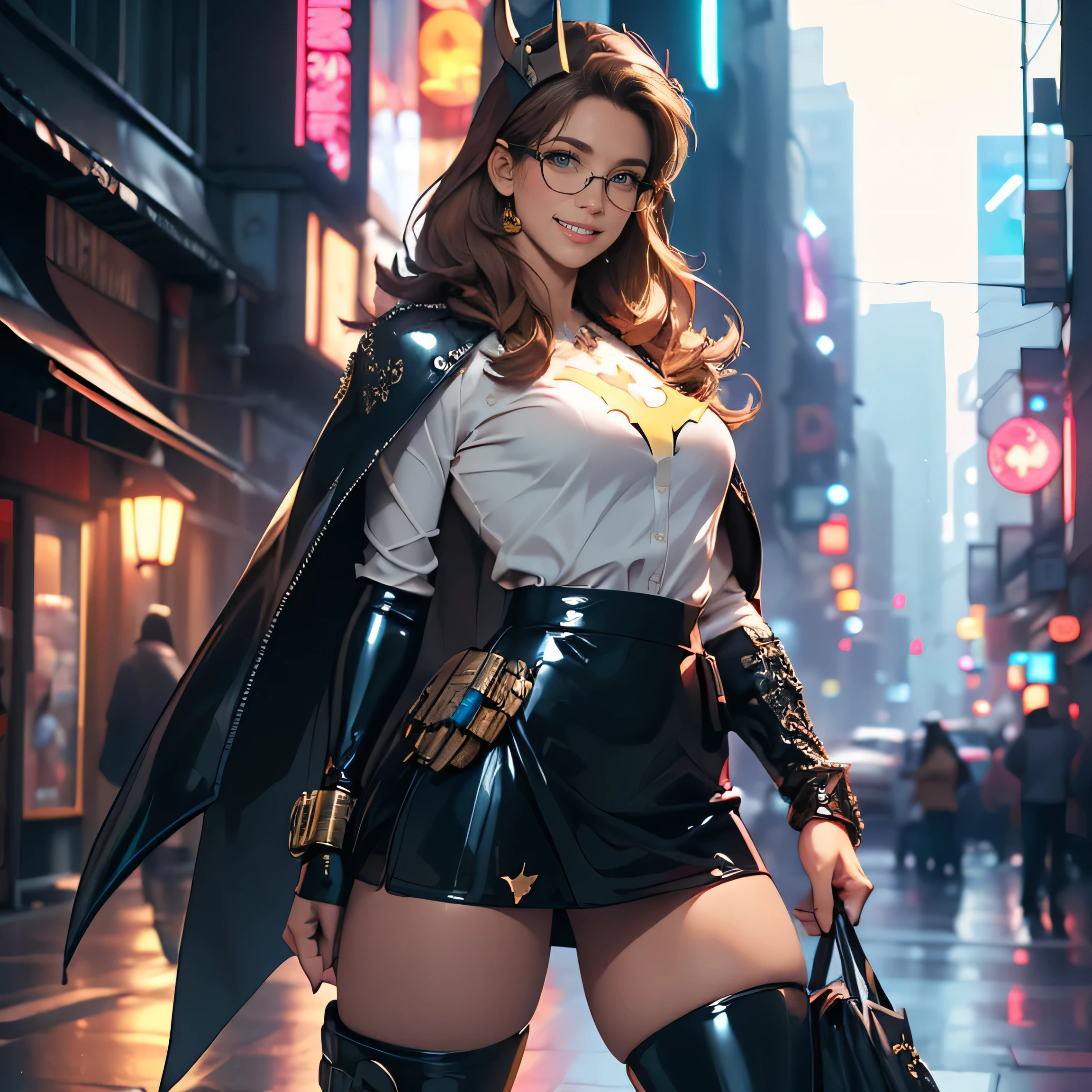 Pretty Caucasian (female), Sarah Shahi, a slim but muscular body, large breasts, dark brown open hairstyle, blue eyes, as Bat-Girl) the batgirl is on a cyberpunk skyscraper, (((black latex batgirl costume with yellow [[[bat]]] motif, [[[black pleated skirt, (((extreame micro miniskirt, ((super ultra micro miniskirt)), very very very very shortest skirt exposing full beautifull sexy naked thighs and inner thighs,)))]]], (((no mask, no head wear,))), nerdy glasses))), raining cyberpunk city background, night time, neon bloom lighting, soft watercolors wash base, beautiful (((short dark brown hair))) with a small amount of freckles and (detailed blue eyes), ((detailed hands and fingers)), exquisite detail, (((intricately embellished))) (knee high black boot), hyper realism, ornate, athletic and fit, masterpiece, peaceful face, smiling mischievously, princess, 4k, art by Donato Giancola and Bayard Wu and WLOP and Artgerm, ultra detailed, front view,
