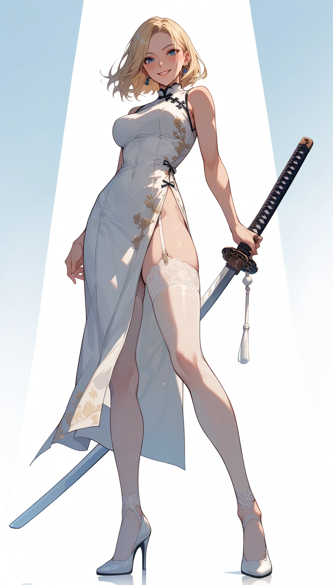 score_9, score_8_up, score_7_up, score_6_up, 1girl, (score_9, score_8_up:1.1), score_7_up,
medium blonde hair, straight hair, parted hair, Blue eyes, pale skin, front view, White lace cheongsam, Lace-up high heels,White Silk stockings,White garter belt,(鞋focus:1.5), earrings, detailed Digital Universe background, training with a katana,(dynamic pose:1.5), standing up, low angle view, blush smile,
