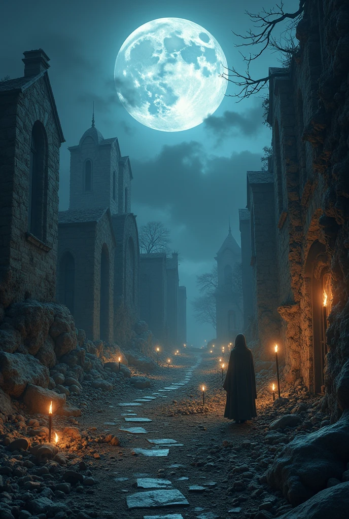 Dark fantasy、Boneyard、Bone、Halloween、Beautiful Full Moon、Ancient City、lots of candles、