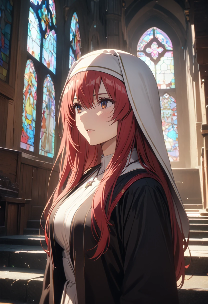 (Highest quality、4K、8k、High resolution、masterpiece:1.2)、Very detailed、Picturesque、Animated Photography、Photo Animation:1.37)、ancient church, stained glass、nun、crossed necklace、Japanese women、looking away、open clothes, show off bra、red hair、long hair、stars ornament、Nakano May