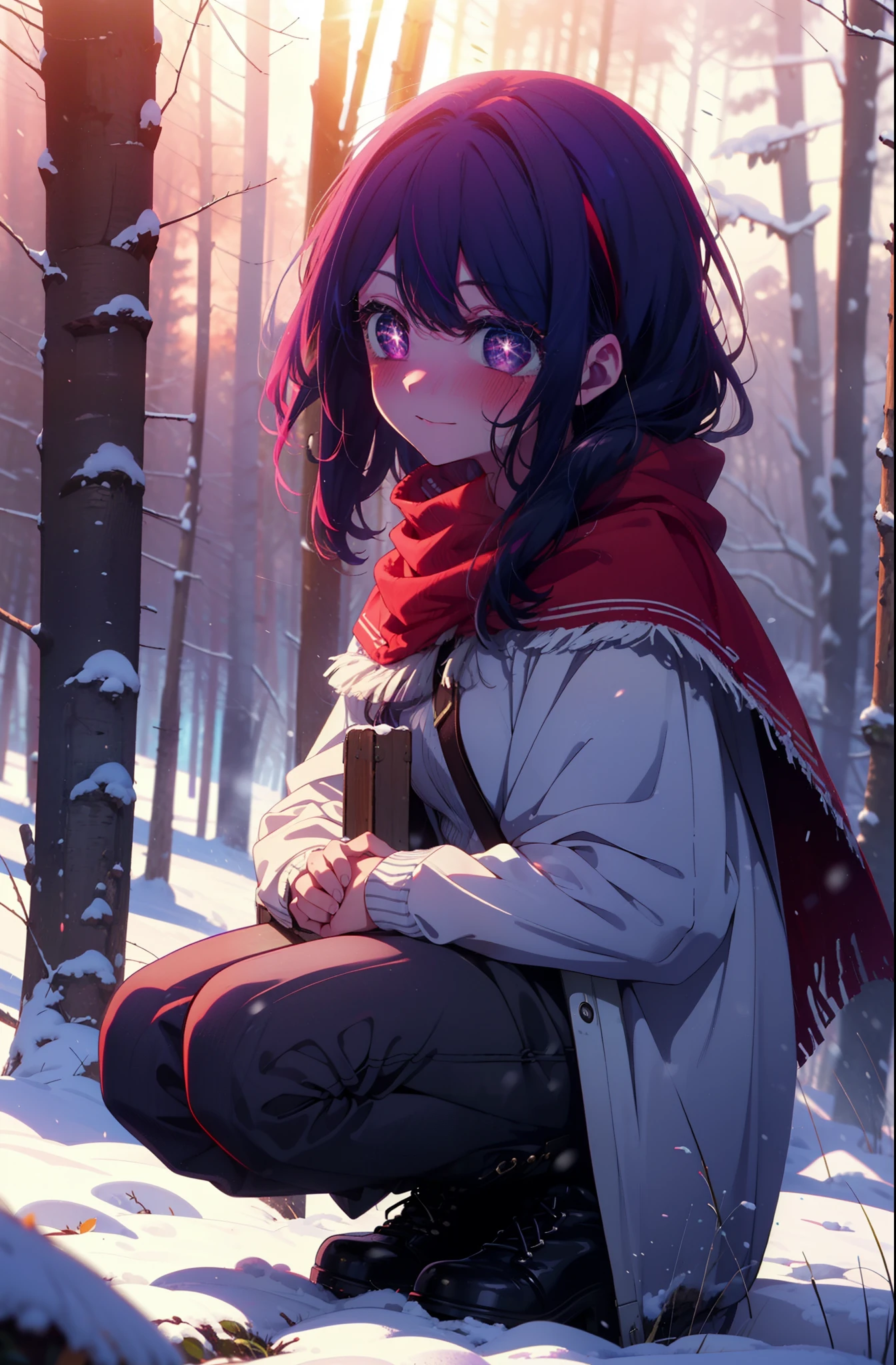 aihoshino, Ai Hoshino, Long Hair, bangs, (Purple eyes:1.1), Purple Hair, (Symbol-shaped pupil:1.5), smile,,smile,blush,white breath,
Open your mouth,snow,Ground bonfire, Outdoor, boots, snowing, From the side, wood, suitcase, Cape, Blurred, , forest, White handbag, nature, Squat, Mouth closed, Cape, winter, Written boundary depth, Black shoes, red Cape break looking at viewer, Upper Body, whole body, break Outdoor, forest, nature, break (masterpiece:1.2), Highest quality, High resolution, unity 8k wallpaper, (shape:0.8), (Beautiful and beautiful eyes:1.6), Highly detailed face, Perfect lighting, Extremely detailed CG, (Perfect hands, Perfect Anatomy),