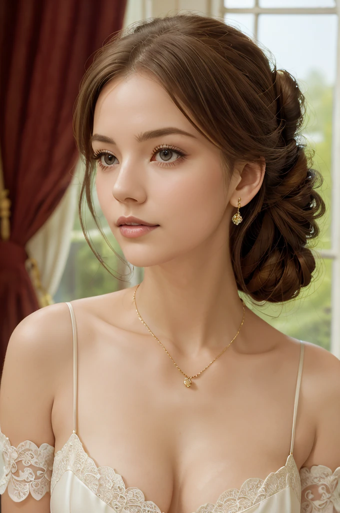 A hyper-realistic portrait of an elegant lady, large breasts, with brown hair styled in an updo, wearing a delicate sheer white lace dress with intricate patterns. The background features an ornate, vintage-style room with large windows that let in soft, natural light. The overall atmosphere is serene and sophisticated, capturing a moment of quiet grace and beauty, she is wearing a golden diamond necklace