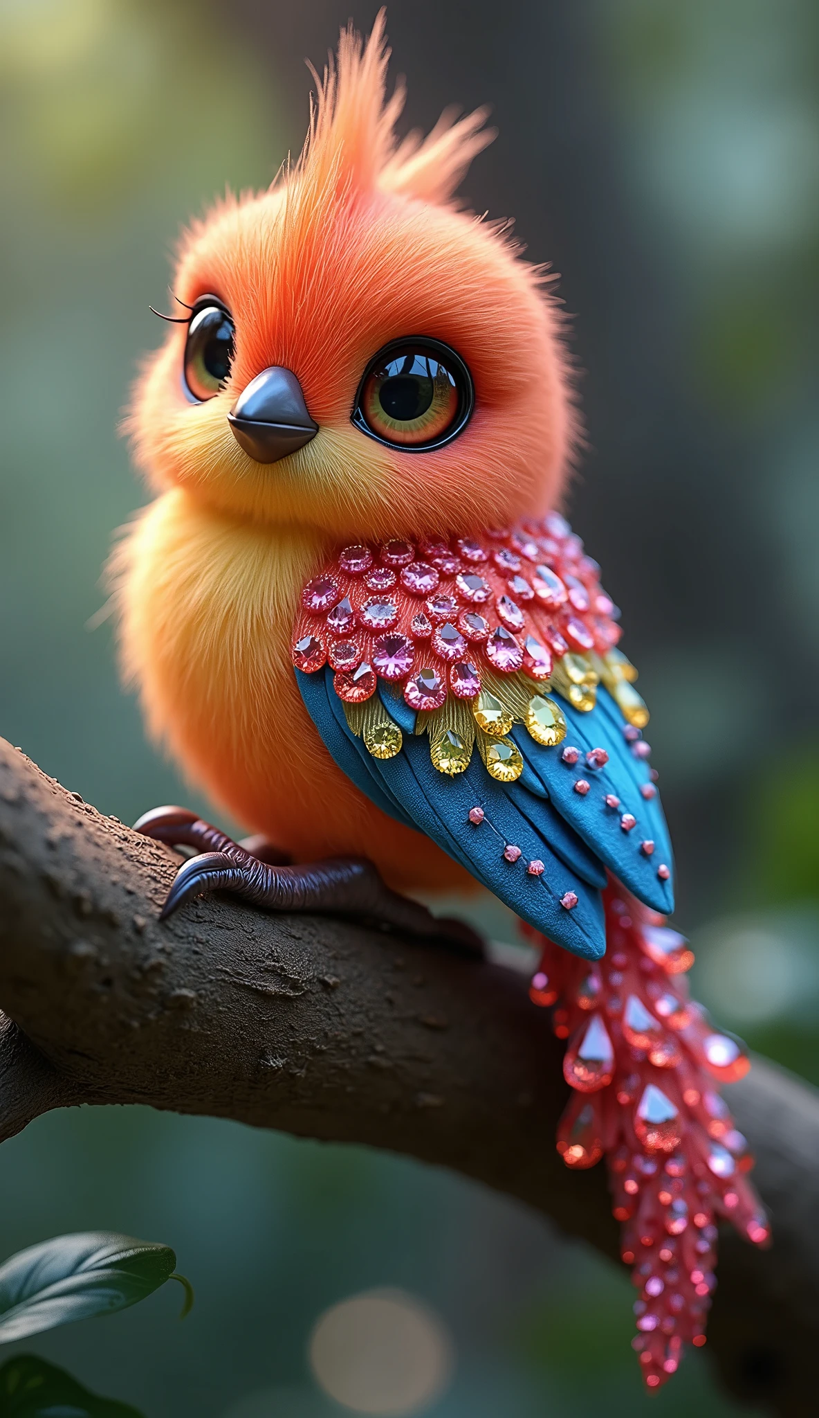 Forbes Diamond「Cute little bird on a tree」teeth、The protagonist is portrayed naturally and realistically.。, Highly detailed and photorealistic, Render the background, Photorealistic concept art, Hyperreal Rendering, Red realistic 3D rendering, Bird Society, Photorealistic images, Highly detailed and photorealistic, Ultra-realistic detailed rendering, Realistic detailed images, Highly detailed rendering, High quality rendering,((A cute little fictional bird with lots of colorful jewels on its body.))Cute fluorescent little bird,His whole body is covered in colored gems,The tail is also covered with jewels,Wear jewels,The feathers are colorful,Sparkling
