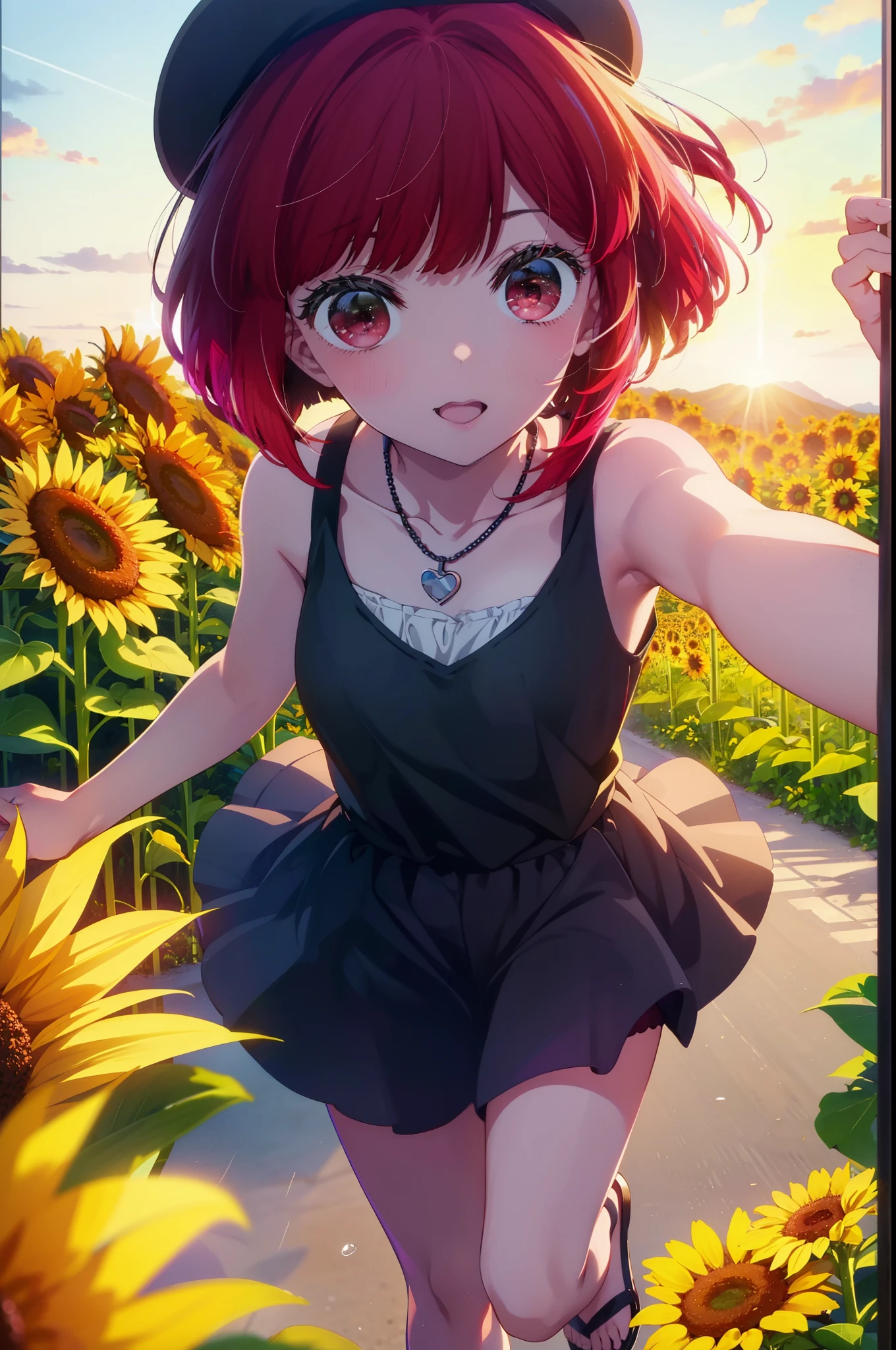 canary, Arima etc., short hair, bangs, (Red eyes:1.3), Redhead, Bobcut, smile,Open your mouth,Tank top,mini skirt,Cute heeled sandals,Heart Necklace,Are standing,Daytime,Clear skies,True Summer,Beret with ribbon,whole bodyがイラストに入るように,
break outdoors,Sunflower field,
break looking at viewer, whole body,
break (masterpiece:1.2), Highest quality, High resolution, unity 8k wallpaper, (figure:0.8), (Beautiful attention to detail:1.6), Highly detailed face, Perfect lighting, Highly detailed CG, (Perfect hands, Perfect Anatomy),