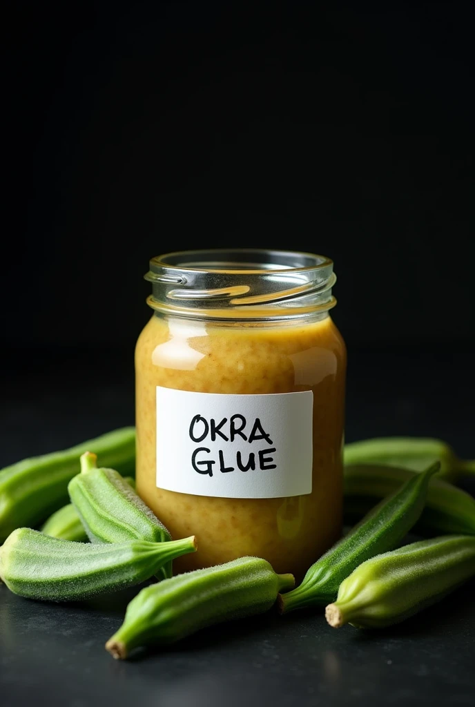 Create an image of Okra Glue in a glass jar with a tight fitting lid, and okra's on the side and a letter with white paper aesthetic in the middle that says okra GLUE and black background 