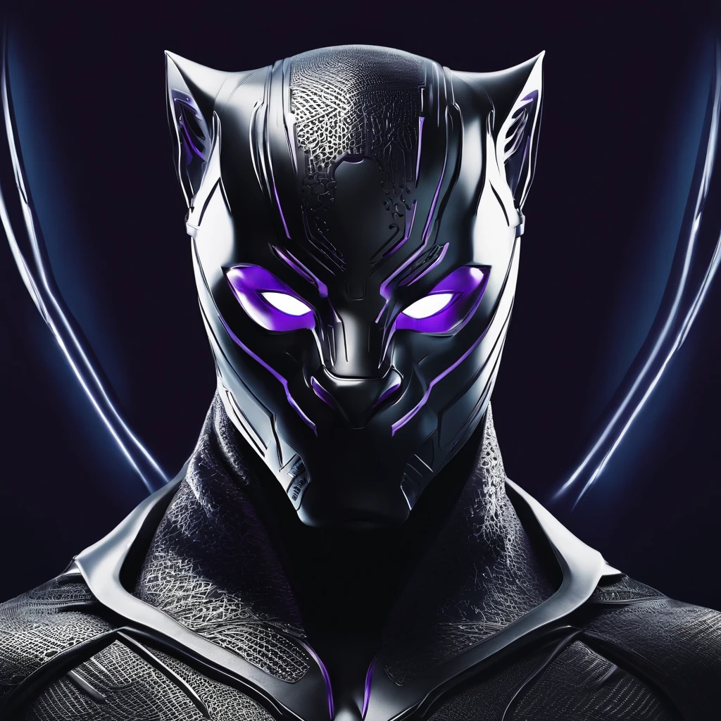 Create a bold and dynamic t-shirt design featuring a stylized, futuristic panther mask with sharp, angular lines. The mask should be predominantly black with striking purple accents that highlight its contours, eyes, and edges, giving it a sleek, high-tech appearance. The design should exude a sense of power and mystique, with glowing white eyes that stand out against the dark background. Below the mask, incorporate the text 'Black Panther' in a bold, modern font, also in purple, to complement the design. The overall feel should be modern, heroic, and iconic, suitable for a t-shirt graphic.