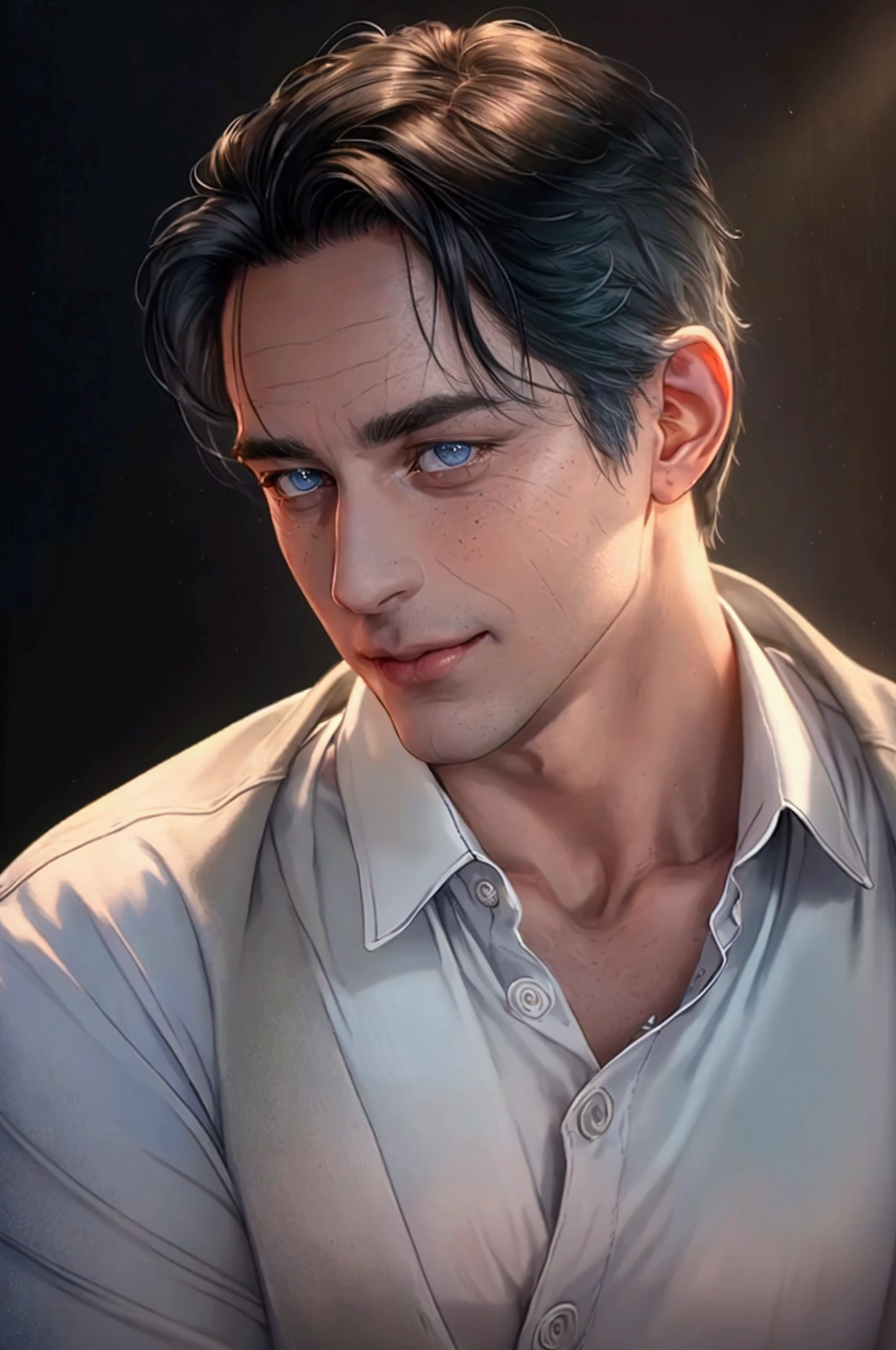 (of the highest quality,4k,8k,High resolution,masterpiece:1.2),Super detailed,(realist,photorealist,photo-realist:1.37),1 person,mature men,beautiful skin,White race, White skin, very handsome,Expressionless smile in love,short black hair,gray blue eyes,sharp eyes,A perfect face without a doubt,psychiatric, psychologist, fondo de asilo psychiatric,cinema lighting,imagen hdr,Atar、