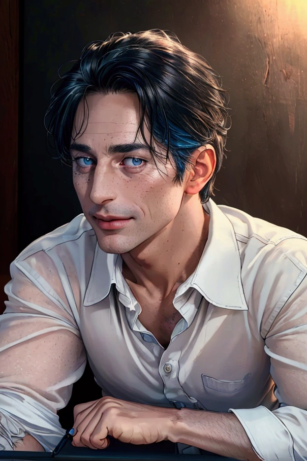 (of the highest quality,4k,8k,High resolution,masterpiece:1.2),Super detailed,(realist,photorealist,photo-realist:1.37),1 person,mature men,beautiful skin,White race, White skin, very handsome,Expressionless smile in love,short black hair,gray blue eyes,sharp eyes,A perfect face without a doubt,psychiatric, psychologist, fondo de asilo psychiatric,cinema lighting,imagen hdr,Atar、