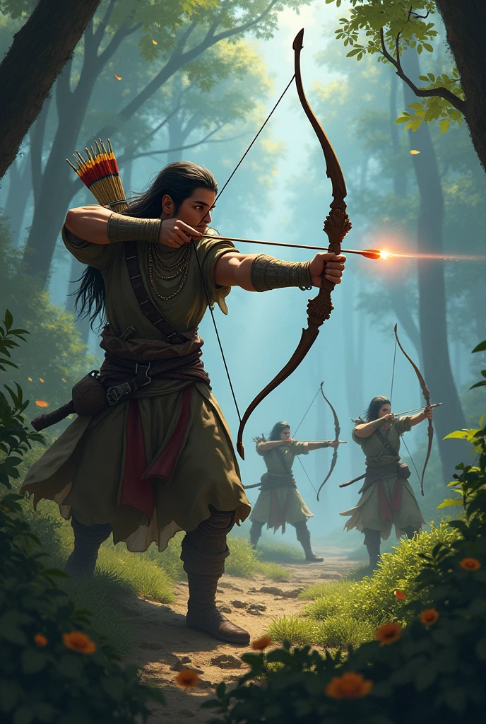 Scene 3: The First Strike
Suranimala releases his first arrow with lightning speed, and it cuts through the air, striking an enemy archer before they can release their own arrow. The enemy archer is shown falling back, their bow slipping from their hand. In the background, other enemy archers are seen aiming, unaware that Suranimala is already drawing his next arrow. The surrounding landscape is dense with trees and bushes, providing cover for the archers, but Suranimala’s keen eyes can spot them easily.