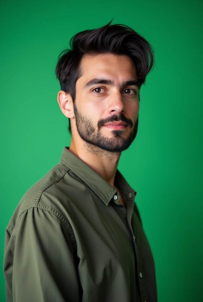 A 20years old boy with Little beared and hair both in bleack color and face color is light. Wearing modern outfit. Image must be realistic boy . Background in in green screen. Stand in straight position and whole face is clearly visible.only upper body .