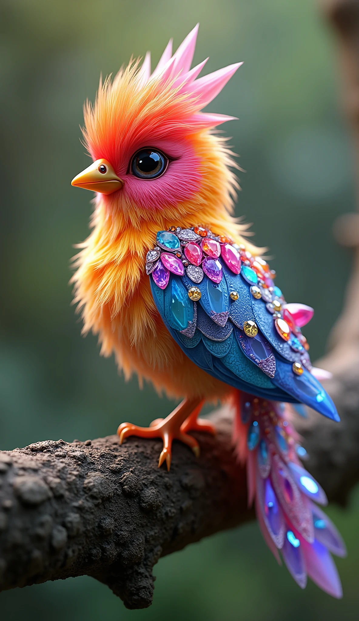 Forbes Diamond「Cute little bird on a tree」teeth、The protagonist is portrayed naturally and realistically.。, Highly detailed and photorealistic, Render the background, Photorealistic concept art, Hyperreal Rendering, Red realistic 3D rendering, Bird Society, Photorealistic images, Highly detailed and photorealistic, Ultra-realistic detailed rendering, Realistic detailed images, Highly detailed rendering, High quality rendering,((A cute little fictional bird with lots of colorful jewels on its body.))Cute fluorescent little bird,His whole body is covered in colored gems,The tail is also covered with jewels,Wear jewels,The feathers are colorful,Sparkling
