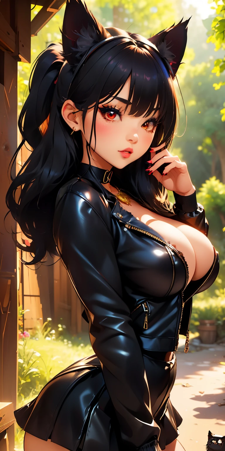 (junkotvv)beautiful breasts, 1 girl, ((black fur)) ((cat ears)) Red eyes, With big breasts and perfect waist, and a voluptuous body, leather jacket clothing under the jacket, beautiful short skirt, has a daring look , Beautiful, calm expression, chains around the neck, In the woods, Porch of an old wooden house, small stream, (Best Quality, ultra detailed, photorealistic: 1.39), Beautiful girl, bright and vibrant colors, studio lighting, romantic expression,