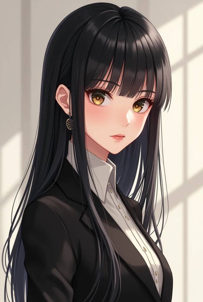 “Create a detailed portrait of a young Japanese woman with long, straight black hair and sharp, expressive eyes. She has a confident and mature expression, balanced by a subtle smile that exudes elegance. The background is minimalist with soft lighting that highlights her poised and graceful demeanor. She is dressed in a stylish, yet sophisticated outfit with chic accessories, reflecting a refined and classy idol style. The overall vibe is a mix of elegance and quiet strength, capturing her uniq