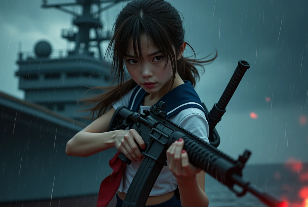 Browsing Caution:-2, (Highest quality:1.37), 32K resolution, (Realistic:1.37), (Ultra-realistic:1.37), High resolution UHD, Realistic, Beautiful Army, Photorealistic, Highly realistic photos, (Has an assault rifle:1.37), (Assault rifle in front of you:1.37), Anatomically correct5Finger, from side:1.21, Above the knee shot, Close your lips, Dark red blood flows from the body:1.37, Portrait of a Japan woman:1.21, School uniforms, Sailor uniforms from famous Tokyo Metropolitan High Schools, Short sleeve clothing, Short-sleeved sailor uniform:1.21, sera fuku:1.21, The upper body is wearing a uniform:1.21, Navy blue micro skirt, With a Japanese sword on his back;1.21, Brown Hair, Low ponytail hair, Beautiful hair blowing in the wind, On board an aircraft carrier at night, On the deck at night, (The bridge can be seen in the background:1.21), (Anti-submarine helicopter destroyer:1.21), Night pouring rain:1.37, In the storm at night:1.21, In a storm:1.21, Invasion of the enemy:1.21, Justice, Responsibility, Students in the 1970s, Cute Japanese woman's face:1.21, Beautiful Japanese woman face:1.21, Sharp eyebrows:1.37, Anxious face, White skin:1.21, Fine skin, Glowing Skin:1.21, Serene Photos, Retro Photography, Dynamic and cinematic lighting,