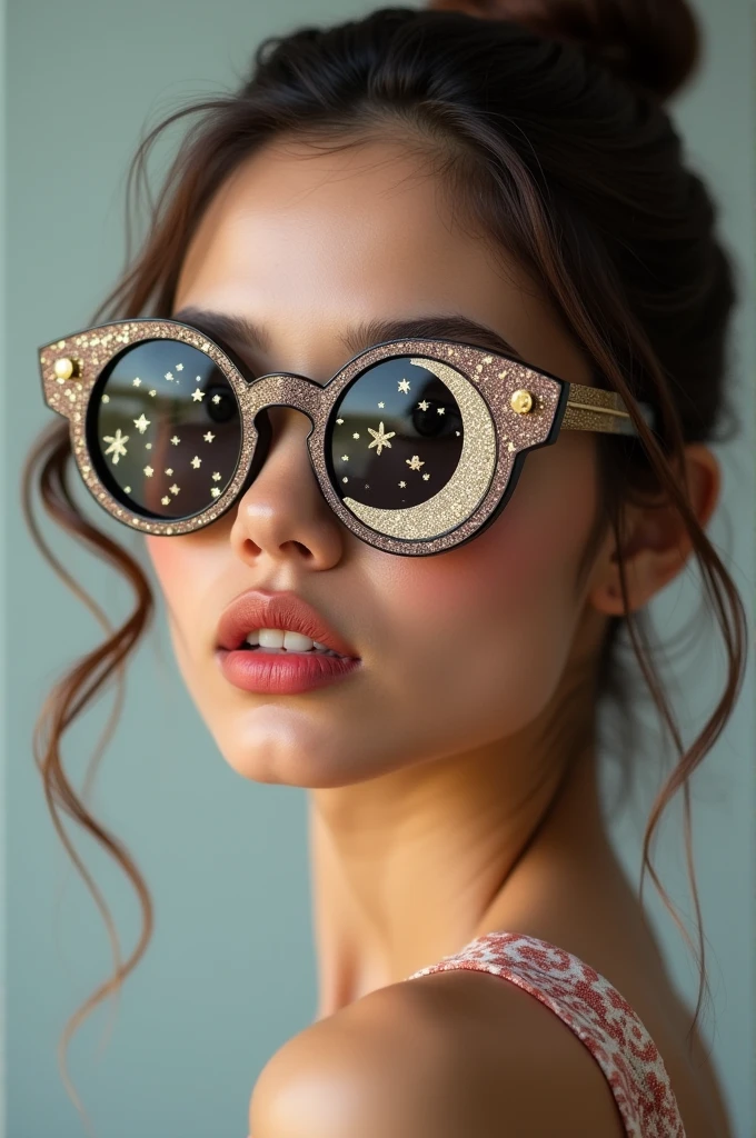 The model is wearing glass sunglasses with stars and the moon on the glass
