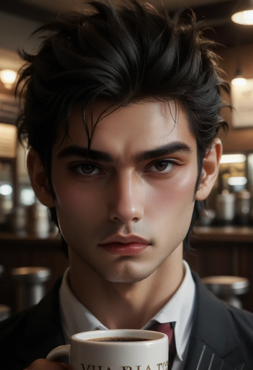 (front view) very detailed photograph of a italian man, detailed coffee shop background, (with black hair), (dark eyes) (symmetric handsome face) nice and well defined nose, (well marked and angular jaw), proportioned and full lips, stunning realistic photography, realistic soft color, octane render, intricately detailed, sharp focus, stunning full color, shot on DSLR camera, 32k resolution, best quality, (focus on skin texture)