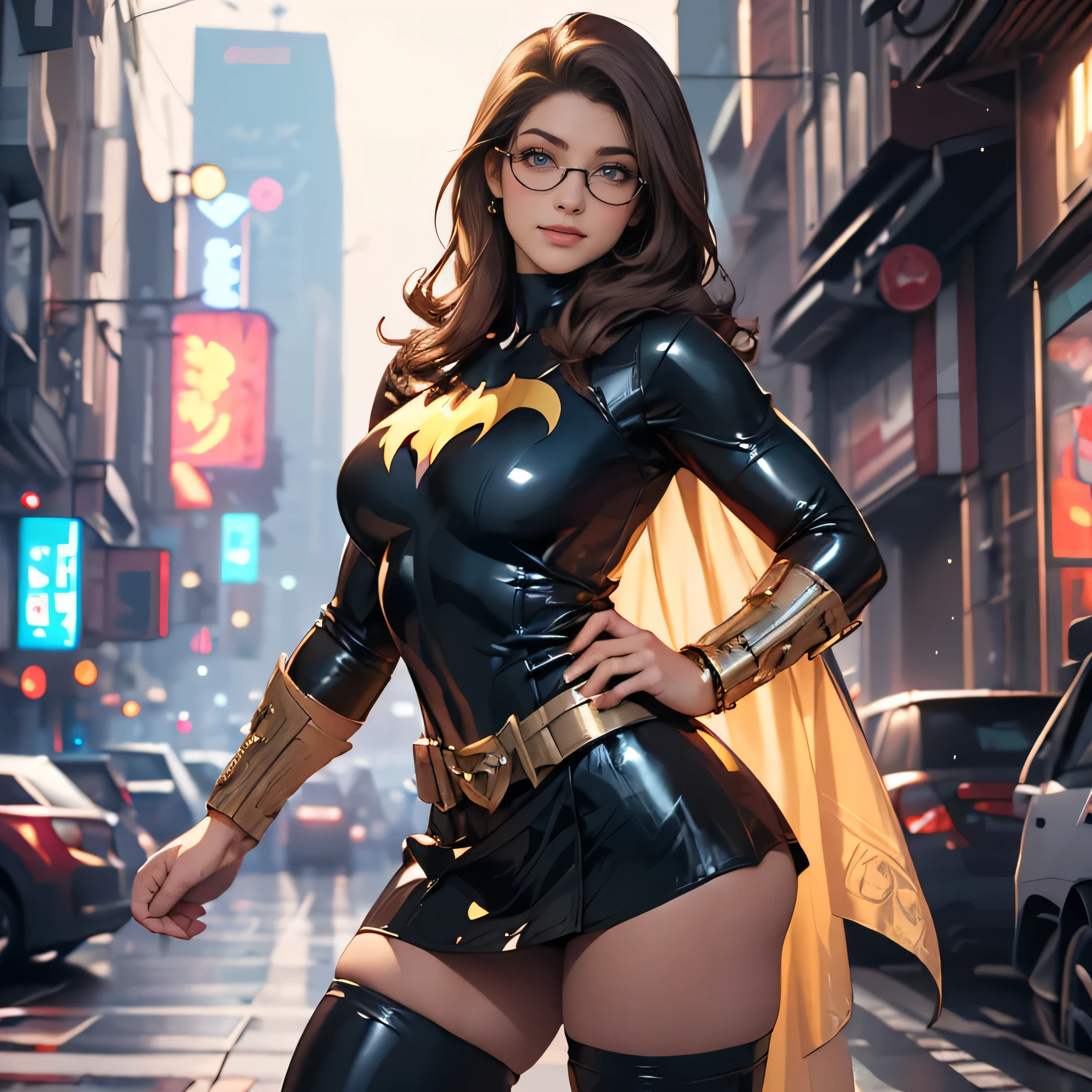 Pretty Caucasian (female), Sarah Shahi, a slim but muscular body, huge breasts, dark brown hair, blue eyes, as Bat-Girl) the batgirl is on a cyberpunk skyscraper, (((black latex batgirl costume with yellow [[[bat]]] motif, [[[black pleated skirt, (((extreame micro miniskirt, ((super ultra micro miniskirt)), very very very very shortest skirt exposing full beautifull sexy naked thighs and inner thighs,)))]]], (((no mask, no head wear,))), nerdy glasses))), raining cyberpunk city background, night time, neon bloom lighting, soft watercolors wash base, beautiful (((short dark brown hair))) with a small amount of freckles and (detailed blue eyes), exquisite detail, (((intricately embellished))) (knee high black boot), hyper realism, ornate, athletic and fit, masterpiece, peaceful face, smiling mischievously, princess, 4k, art by Donato Giancola and Bayard Wu and WLOP and Artgerm, ultra detailed, front view,
