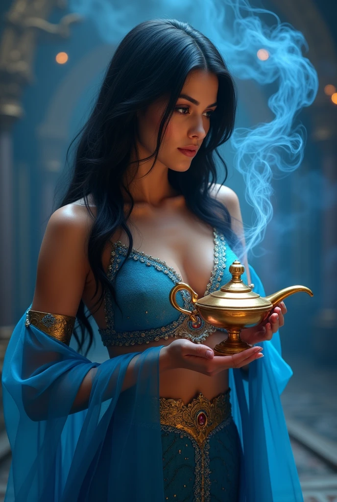 ultra realistic, photography, long black straight hair, elegant hair, (30 years old, hazel eyes, hourglass figure, perfect fit body, natural big breasts), femme fatale, blue Princess jasmine costume, oriental background, holding the magic lamp from aladdin, rubbing the magic lamp of aladdin, thick blue smoke is filling the background