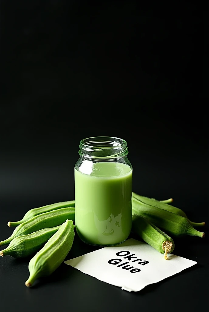 Create an image of aesthetic Okra Glue in a glass jar with a tight fitting lid, and okra's on the side and a letter with white paper aesthetic in the middle that says okra GLUE and black background