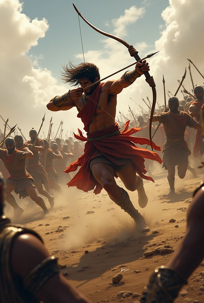Scene 4: Clearing the Skies
In this scene, Suranimala is depicted in rapid action, his bow constantly in motion as he takes down enemy archer after archer. The arrows fly from his bow with pinpoint accuracy, each one finding its mark. The ground is littered with fallen enemy archers, and the barrage of incoming arrows has significantly reduced. The soldiers of King Dutugemunu’s army begin to lift their shields, realizing the attack is lessening. Suranimala’s figure is a blur of motion, emphasizing his unmatc