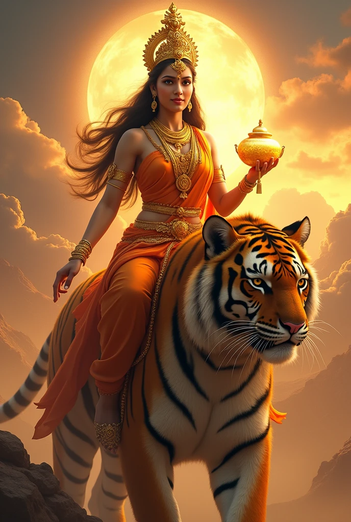 "Create an ultra-realistic image of Goddess Kushmanda Devi, radiating warmth and divine energy as she rides an enormous, majestic tigress. She should be dressed in a vibrant orange saree, symbolizing her association with the sun and her role as the creator of the universe. The saree should be richly embroidered with gold patterns and divine symbols, reflecting her regal and cosmic status. Her skin should glow with a radiant, golden light, embodying her divine nature. Her face should be serene yet powerful, with large, expressive eyes filled with wisdom and compassion, and a gentle smile that exudes confidence and grace.

In her hands, she should hold an **Amrit Kalash** (a pot filled with the nectar of immortality), symbolizing her power to grant life and health. The Kalash should be intricately designed, shimmering with divine light, emphasizing its sacred contents. 

The tigress she rides should be depicted as extremely large and powerful, with a fierce yet protective demeanor. The tigress's eyes should reflect both strength and loyalty, complementing the goddess's commanding presence.

The background should be a vibrant, celestial landscape, perhaps with a rising sun that reflects her role in creating and energizing the universe. The sky could be filled with a warm, golden glow, enhancing the divine and energetic atmosphere. The overall image should capture the essence of Goddess Kushmanda Devi’s creative power, warmth, and divine authority, presented in a highly realistic and detailed manner, with the giant tigress underscoring her strength and protective nature."