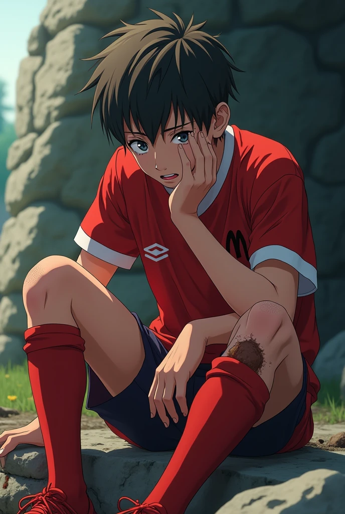 A teenage anime boy in a football uniform, stripped down by a stone and Fallen, with an injured person, bloody knee, frowning in pain, his dirty brown knee exposed, bonitas face, (best qualityer,4K,8k,high resolution,work of art:1.2),ultra detali,(realisitic,photorealisitic,photo-realisitic:1.37),1 ,detailedeyes,detailed lips,extreme detailed face,long eyelashes,football uniform,stone,Fallen,injured knee,bloody wound,frown in pain,dirty brown knee,bonitas,skin detailed,dramatic lighting,cinematic,swirly vibrant colors,realisitic textures