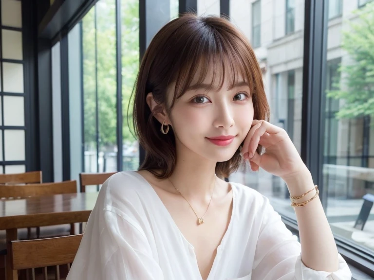 8k, masterpiece, RAW Photos, Highest quality, Realistic, extremely detailed CG unity 8k wallpaper, Cinematic Light, Lens flare, Ray Tracing, (Very beautiful face, Beautiful Lips, Beautiful Eyes, Big eyes), ((Highly detailed skin)) 1 person, Deep Shadow, Beautiful Japanese Woman, 1 person, (Very slim, Toned, muscular body:1.2),Serious expression, (morning, (Blurred Background), Pale Light),indoor, (No people in the background:1.3), Beautiful earrings, bracelet, necklace, Clear Eyes, iris, Inside the cafe,Drink coffee,Looking out the window, Full Body Shot,Summer clothes、Smile widely!