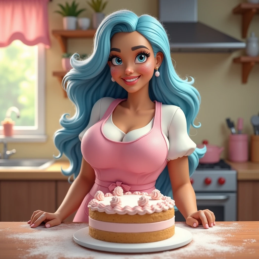 Smiling biracial latina with light blue eyes, long light blue hair with big large breasts, wear pink apron, make a cake in the kitchen, flour on the table, flour on her face and hair