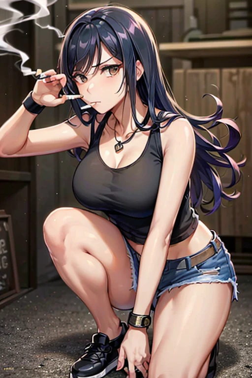 Highest quality,high resolution,comics,(Cel animation style),One woman,30 year old Asian female,(Straight long black hair),((Black tank top)),((Denim shorts)),((Shooting a gun with both hands 1.3)),(Skull Necklace),Black sneakers,(Beautiful face with a narrow slit 1.3)，Black wristband on left wrist,Beautiful Style,Slender body,(Large Breasts),(((Holding a cigarette)))