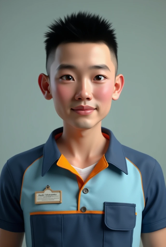 has buzz cut hair, a slightly aquiline nose, slightly white skin and is 164cm tall, wears a vocational school uniform with a light blue and dark blue top and orange, orange collar, realistic 3d male genitals and Asian man and has a nametag named Habibi Widayanto, goes to school at SMKN 26 Jakarta
