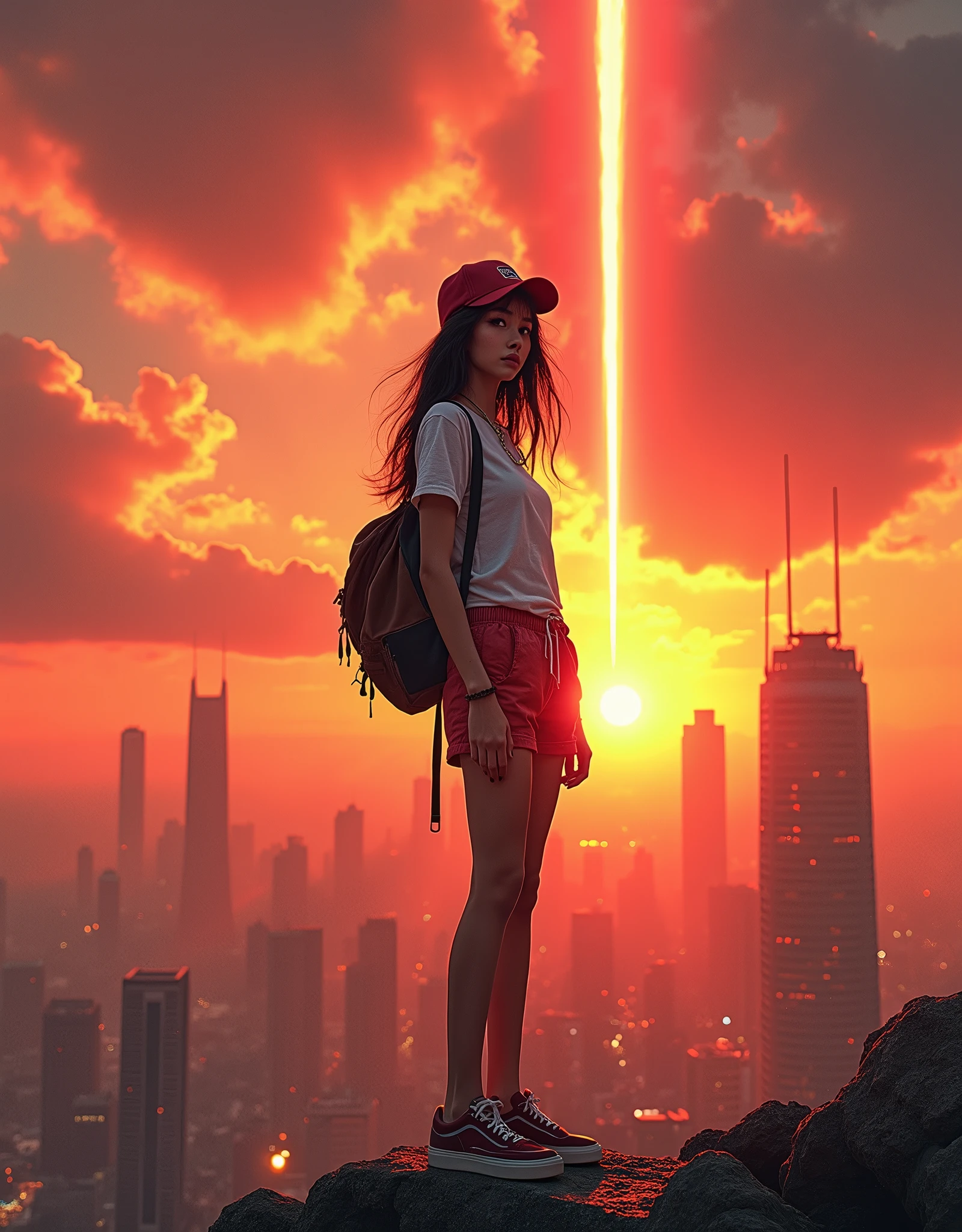 ((masterpiece, best quality)), (1girl), (solo), (female focus), (city view:1.2), (sunset:1.3), (meteor:1.4), (standing:1.3), Streetwear, Retro-style clothing, Athletic wear, Tracksuit, Sneakers, Accessories, Snapback, Long T-shirt, Shorts, black hair, red eyes, (very wide shot:1.5), cowboy shot