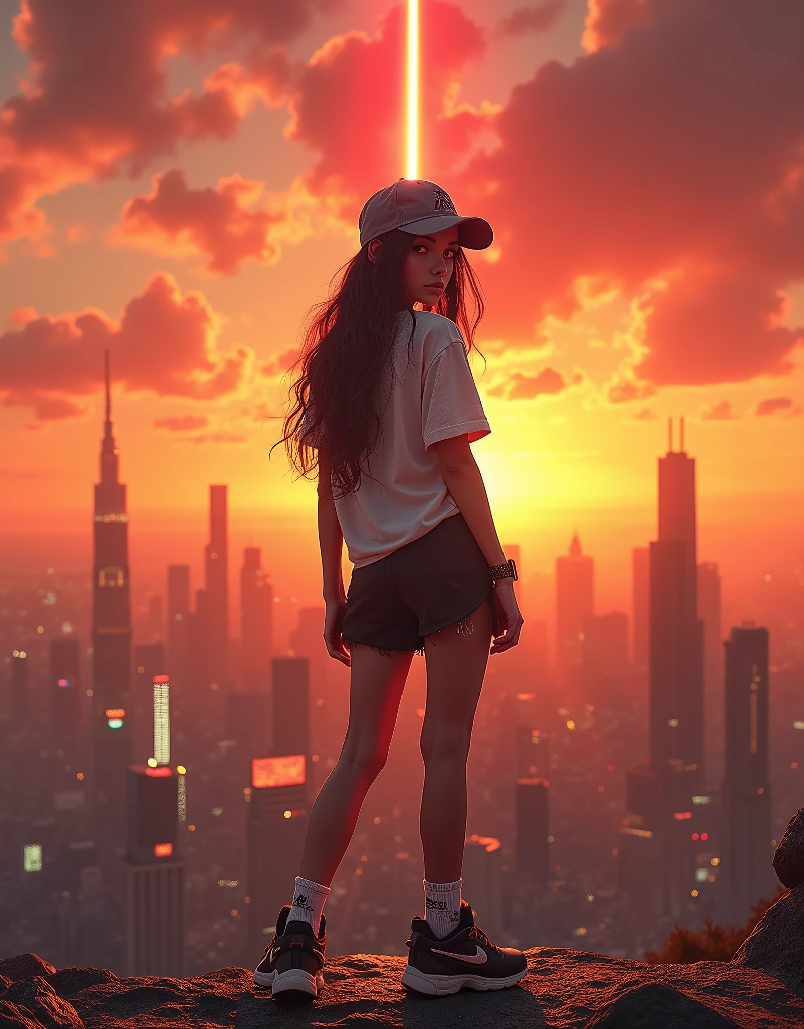 ((masterpiece, best quality)), (1girl), (solo), (female focus), (city view:1.2), (sunset:1.3), (meteor:1.4), (standing:1.3), Streetwear, Retro-style clothing, Athletic wear, Tracksuit, Sneakers, Accessories, Snapback, Long T-shirt, Shorts, black hair, red eyes, (very wide shot:1.5), cowboy shot