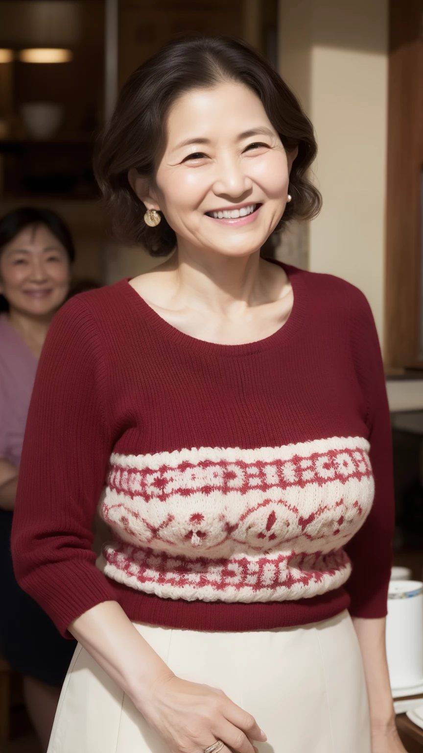 Osaka's aunt、Organic Photography、Highest quality、masterpiece、Ultra-high resolution、Beautiful Japanese old lady、60 years old、Looking at the audience、Elegant face、Smiling with teeth showing、Big Breasts、Wearing a plain short-sleeved knit、Wavy Hair、mini skirt、Earrings、A corner of a coffee shop, Background Blur